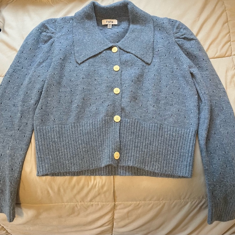 Fate pretty powder blue button-down sweater with puffy sleeves mint condition